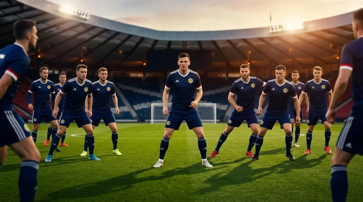 Imreoirí peile na hAlban ar pháirc sacair le léine ghorm ag traenáil do Chorn an Domhain 2026