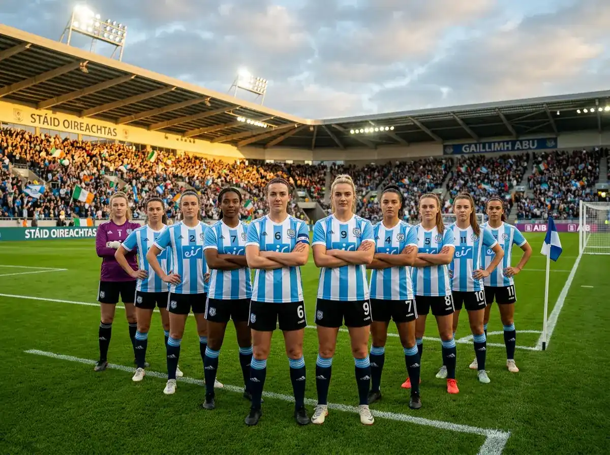 Foireann peile na hAirgintíne ar pháirc sacair le léinte gorma is bána ag Corn an Domhain