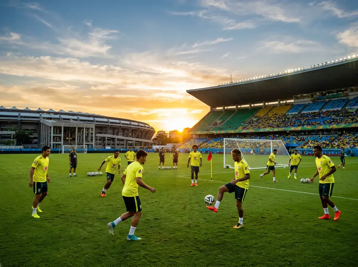 Foireann peile na Brasaíle ar pháirc sacair le léinte buí ag traenáil do Chorn an Domhain