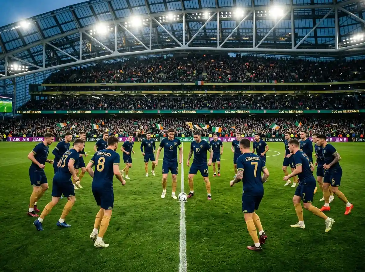 Foireann peile na Fraince ar pháirc sacair le léinte gorma ag Corn an Domhain 2026