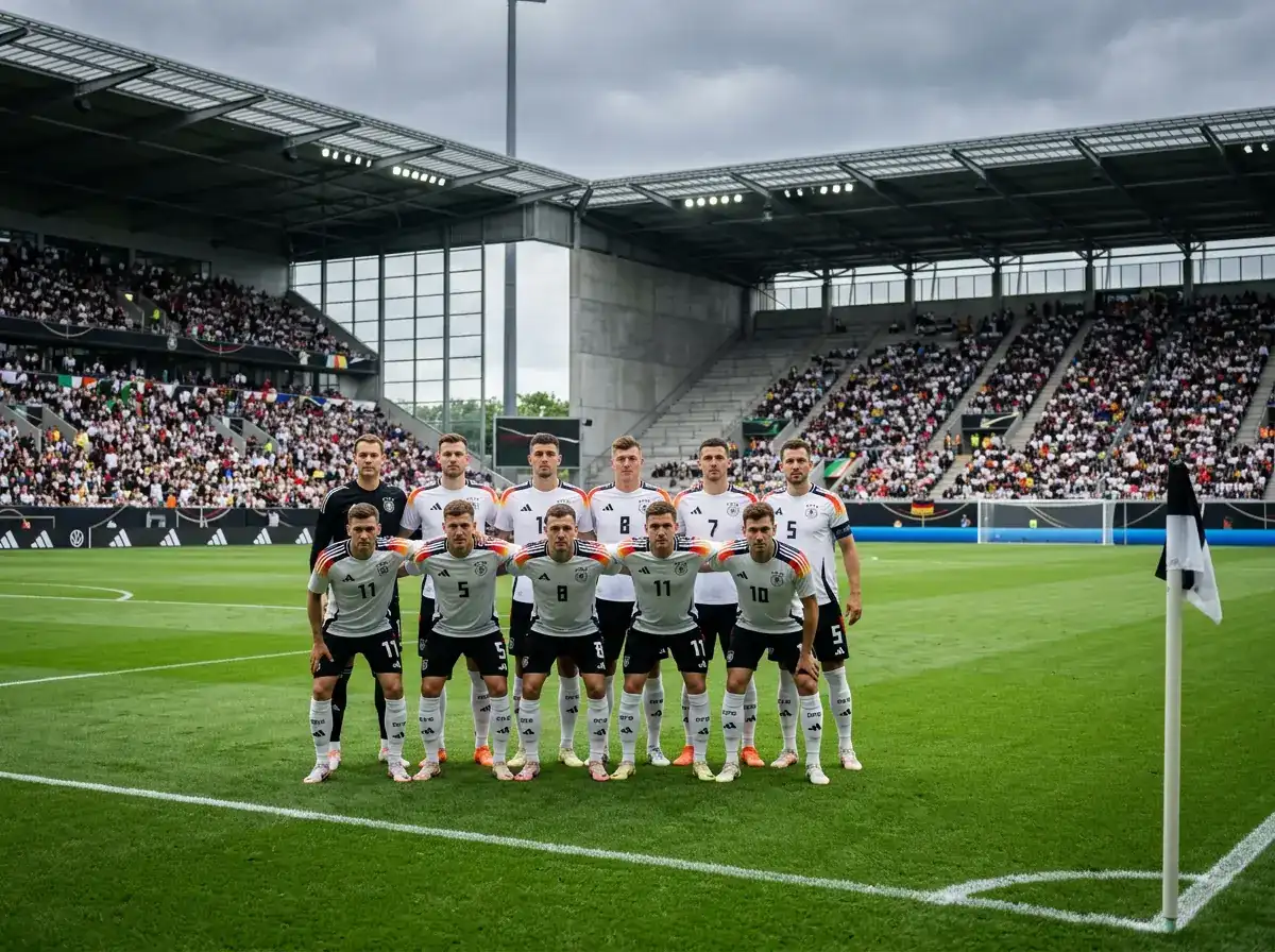 Foireann peile na Gearmáine ar pháirc sacair le léinte bána ag Corn an Domhain 2026