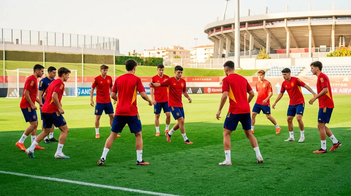 Foireann peile na Spáinne ar pháirc sacair le léinte dearga ag Corn an Domhain 2026