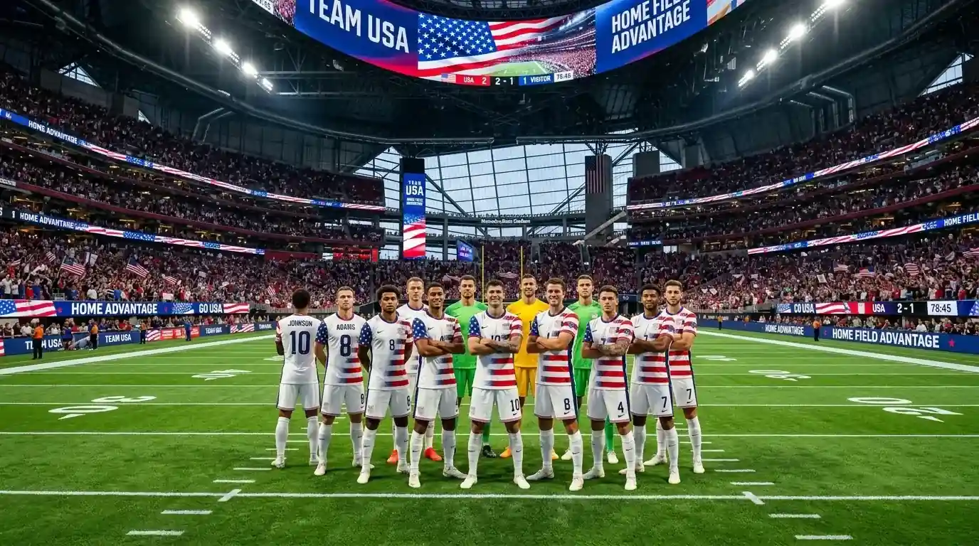 Foireann peile SAM ar pháirc sacair le léinte bána is gorma ag Corn an Domhain 2026