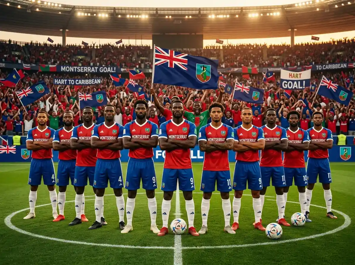 Foireann peile Háítí ar pháirc sacair le léinte dearga is gorma ag ceiliúradh