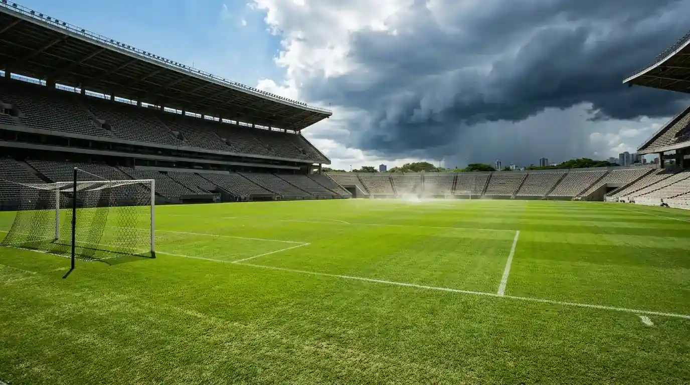 Páirc shacair faoi sholas geal te le scamaill stoirme sa spéir