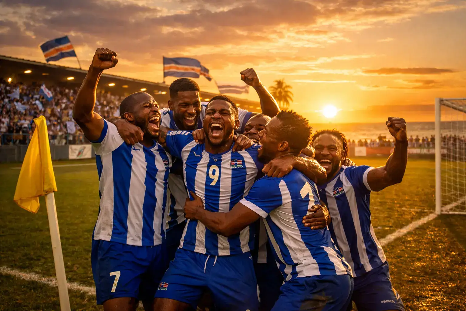 Foireann peile Rinn Verde ar pháirc sacair le léinte gorma is bána ag ceiliúradh