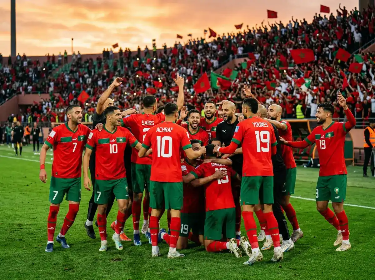 Foireann peile Mharacó ar pháirc sacair le léinte dearga ag ceiliúradh ag Corn an Domhain