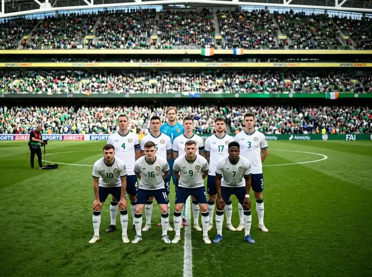 Foireann peile Shasana ar pháirc sacair le léinte bána ag Corn an Domhain 2026
